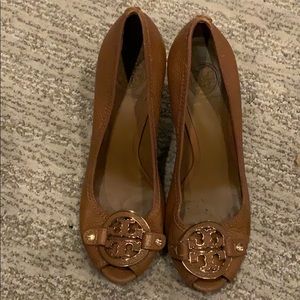 Tan Tory Burch wedge platform heels